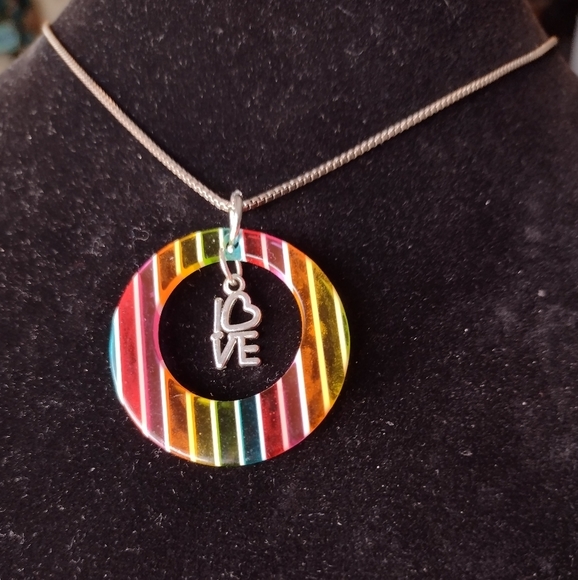 Vintage Handmade Rainbow Color Block Love Pride Silver Necklace Resin Pendant - Picture 9 of 10